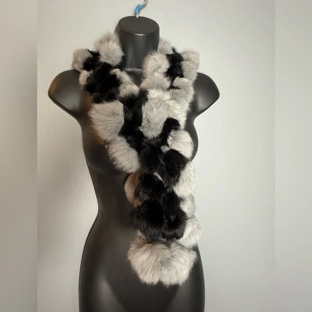Vintage Rabbit Fur Pom Pom Scarf Black & Grey 5x54 EUC Velvety Soft